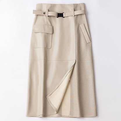 High Waist Paneled Perforated Asymmetric Midi Skirt