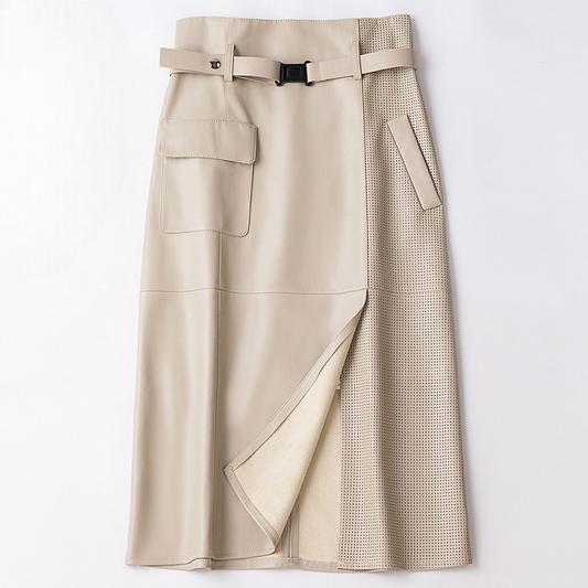 High Waist Paneled Perforated Asymmetric Midi Skirt