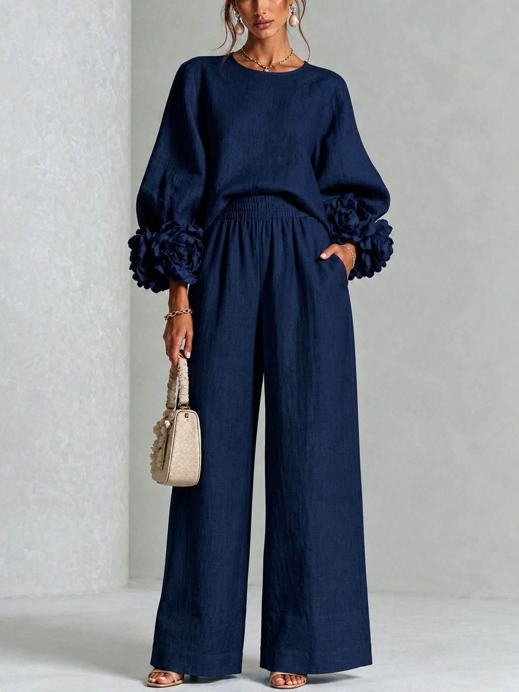 Women's Crew Neck Floral Cuff Wide Leg Two-Piece Pants Set