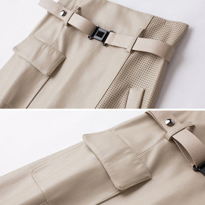 High Waist Paneled Perforated Asymmetric Midi Skirt