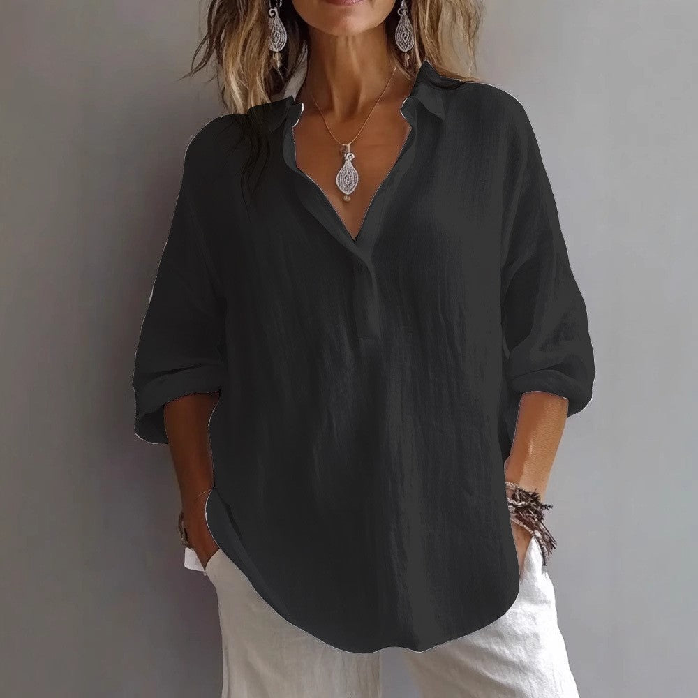 Collared Loose Curved Textured Buttoned Rolled Shirt
