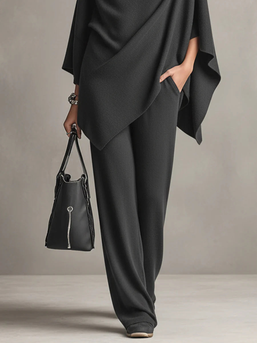 Women's Turtleneck Asymmetric Poncho Top and Wide Leg Pants Set