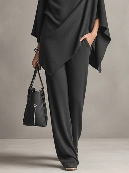 Women's Turtleneck Asymmetric Poncho Top and Wide Leg Pants Set