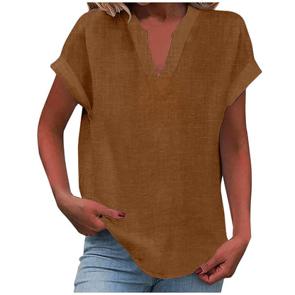Curved Hem Textured Cap Sleeve V Neck Shirt