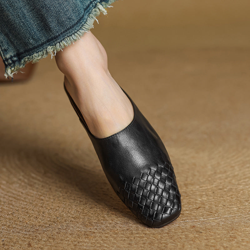 Square Toe Slip On Low Heel Mule Sandals