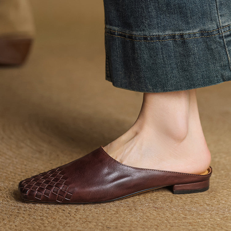 Square Toe Slip On Low Heel Mule Sandals