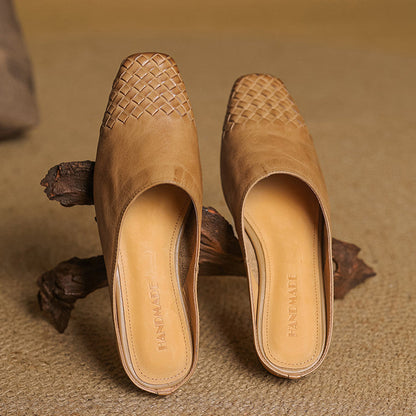 Square Toe Slip On Low Heel Mule Sandals