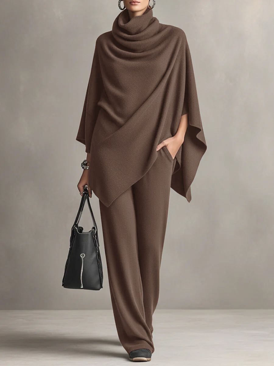 Women's Turtleneck Asymmetric Poncho Top and Wide Leg Pants Set