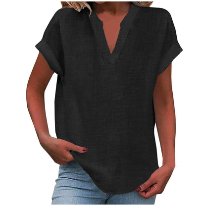 Curved Hem Textured Cap Sleeve V Neck Shirt