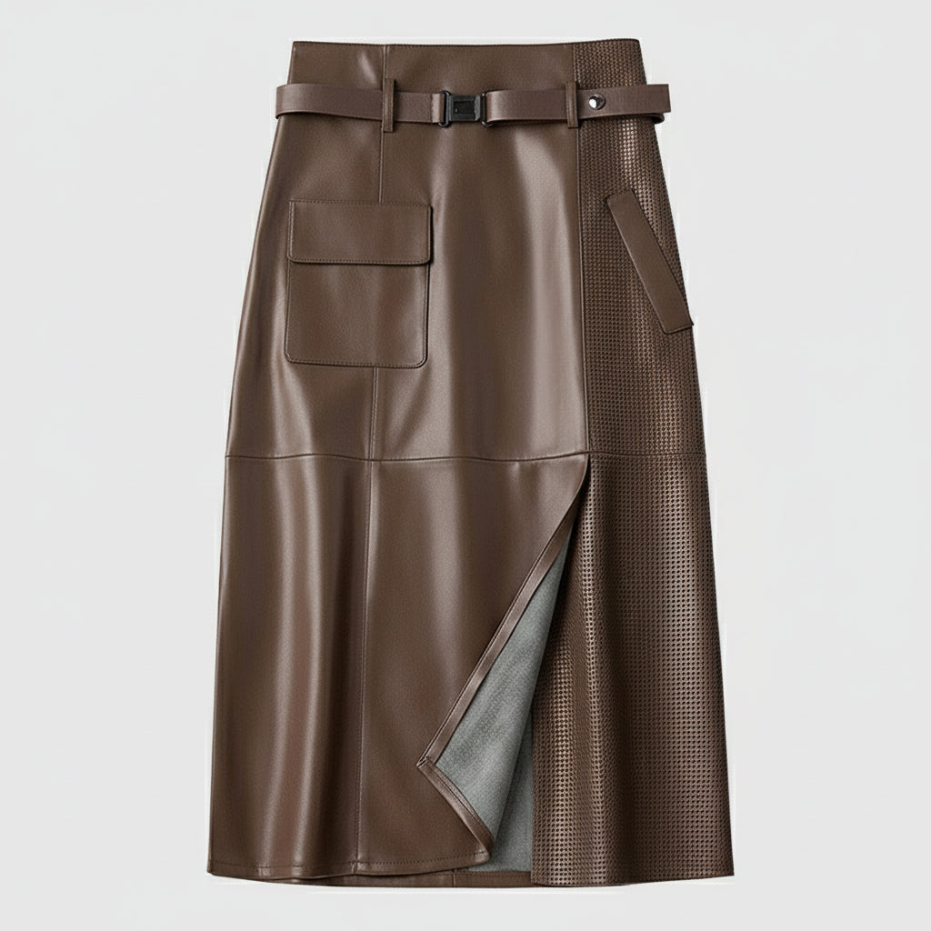 High Waist Paneled Perforated Asymmetric Midi Skirt