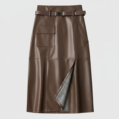 High Waist Paneled Perforated Asymmetric Midi Skirt