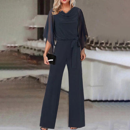 Draped Belted Open Wide Long Fitted Jumpsuit