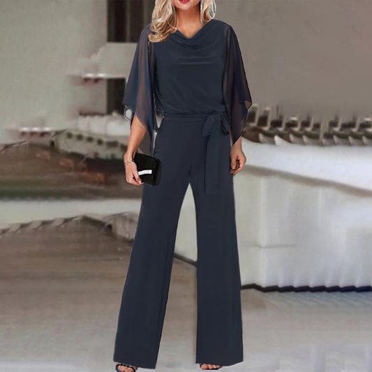Draped Belted Open Wide Long Fitted Jumpsuit