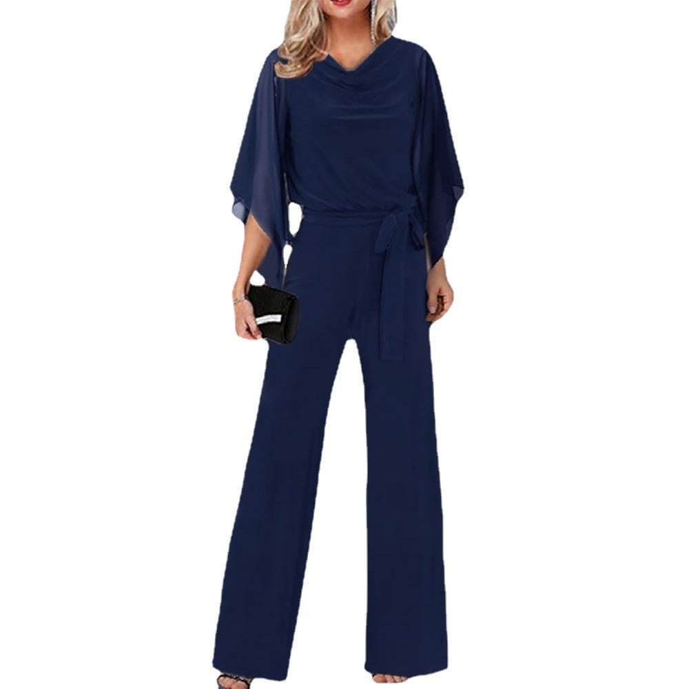 Draped Belted Open Wide Long Fitted Jumpsuit
