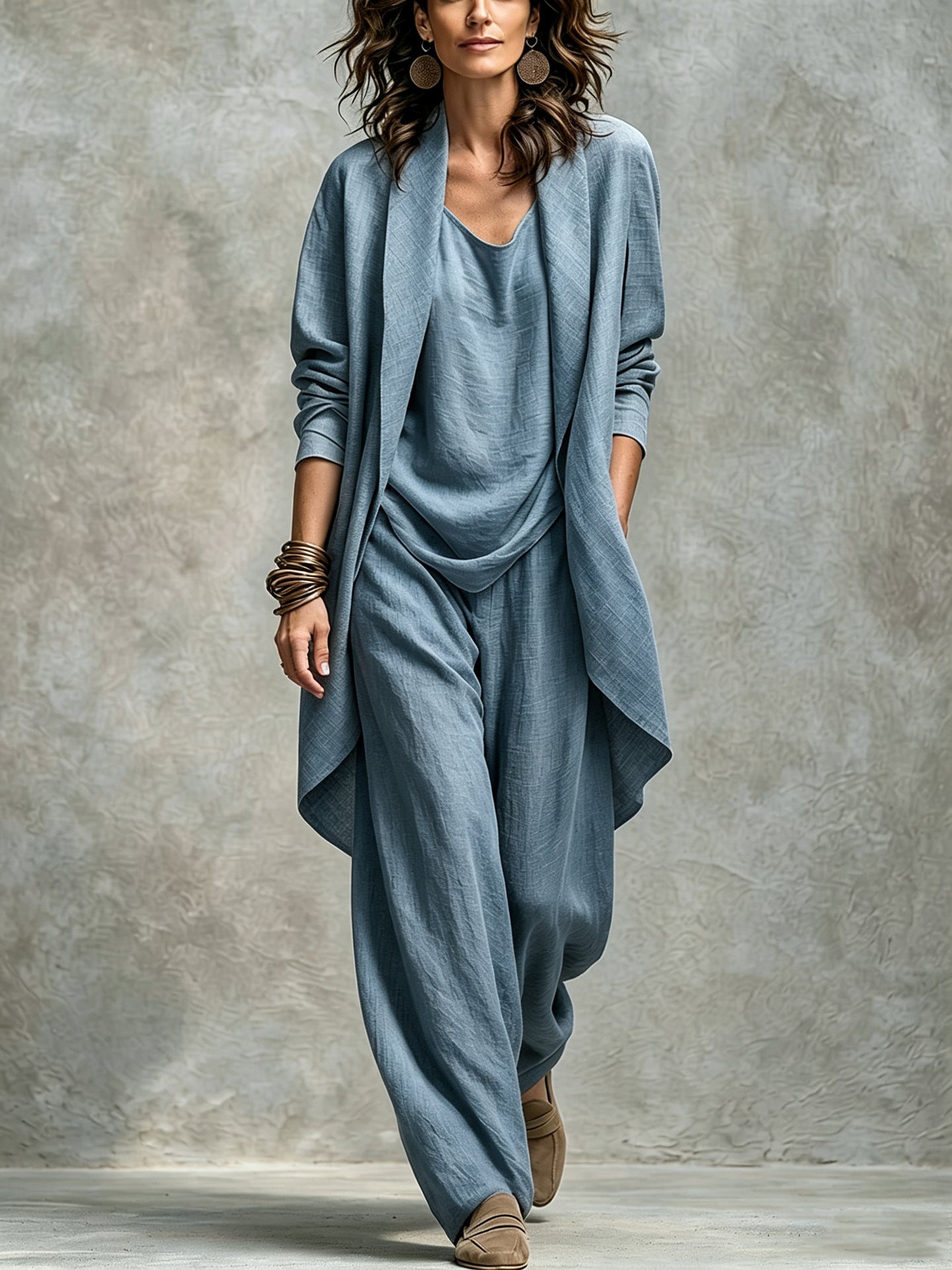Women's Draped Open Front Duster Jacket, Cami Top & Wide Leg Pants Set