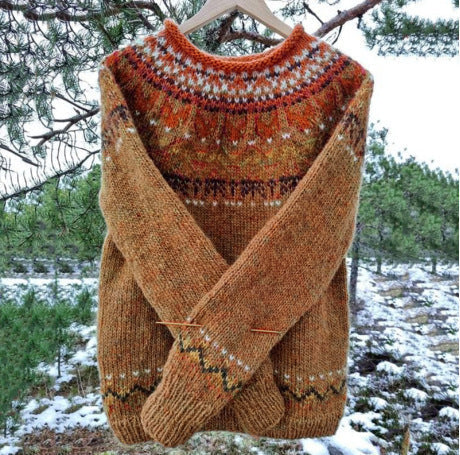 Patterned Yoked Ribbed Cuffed Round Long Sweater