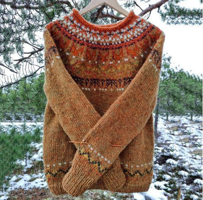 Patterned Yoked Ribbed Cuffed Round Long Sweater