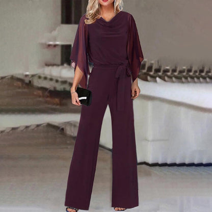 Draped Belted Open Wide Long Fitted Jumpsuit