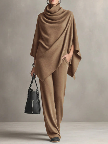 Women's Turtleneck Asymmetric Poncho Top and Wide Leg Pants Set