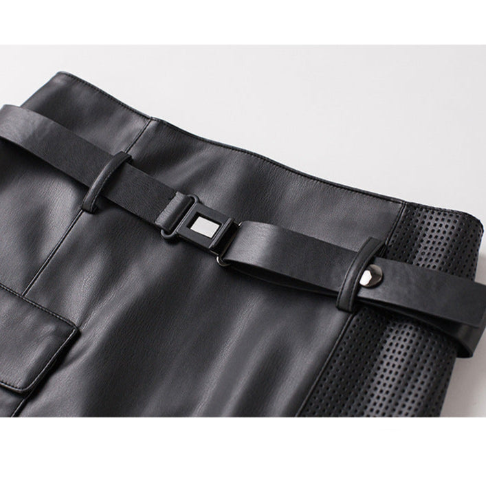 High Waist Paneled Perforated Asymmetric Midi Skirt