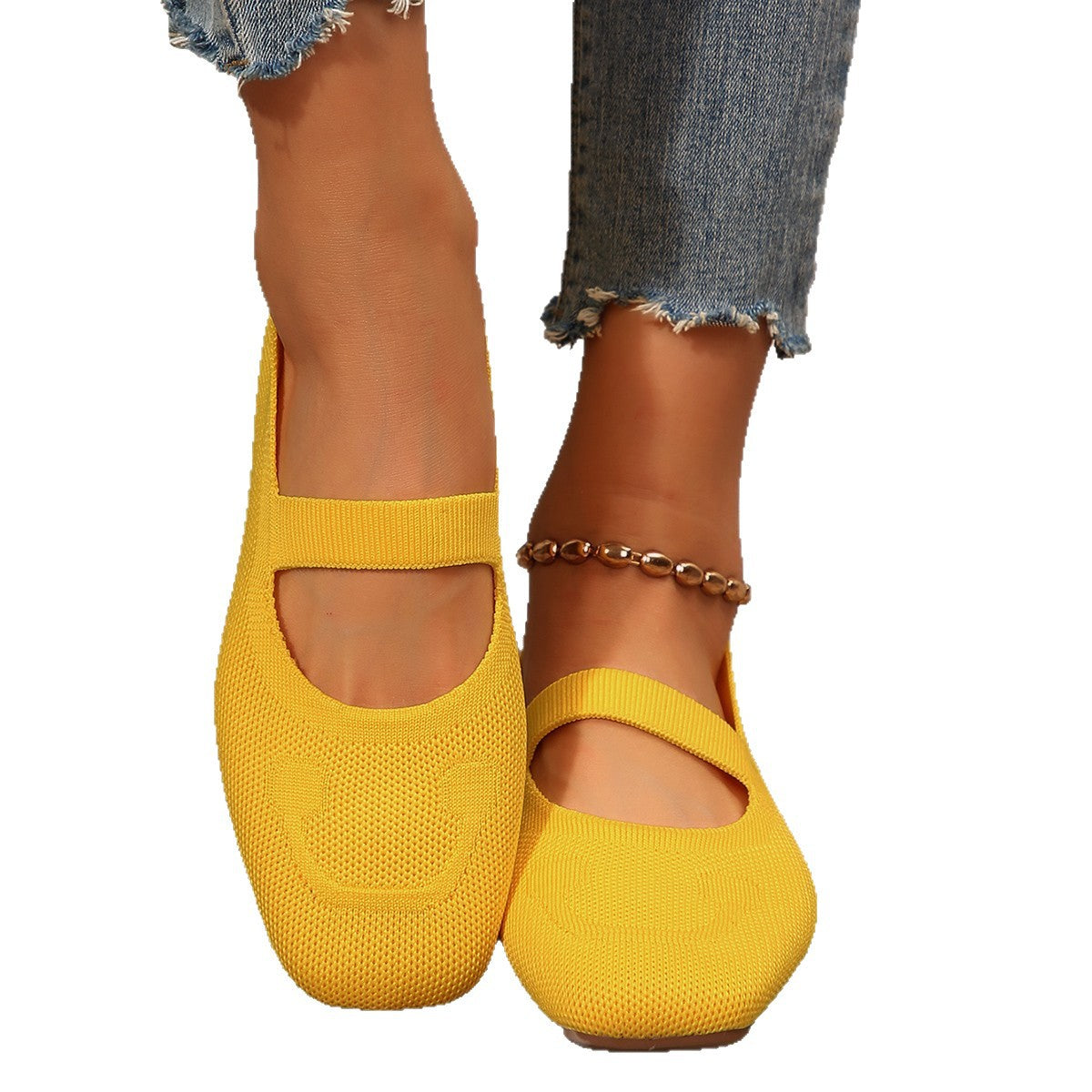 Square Flat Strapped Low Closed Solid Shoes