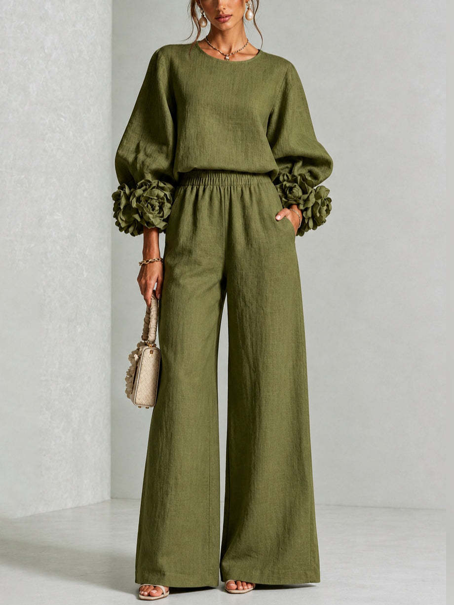Women's Crew Neck Floral Cuff Wide Leg Two-Piece Pants Set