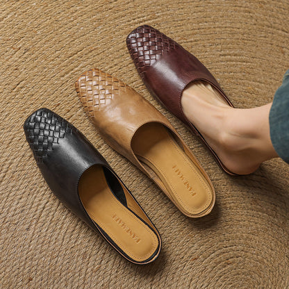 Square Toe Slip On Low Heel Mule Sandals