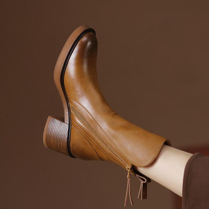 Round Toe Side Zipper Block Heel Ankle Boots