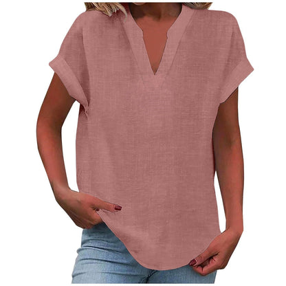 Curved Hem Textured Cap Sleeve V Neck Shirt