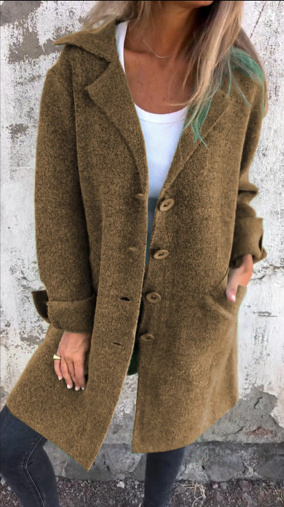 Women's Notched Collar Long Sleeve Longline Cardigan with Pockets
