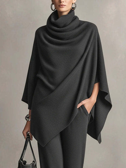 Women's Turtleneck Asymmetric Poncho Top and Wide Leg Pants Set