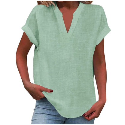 Curved Hem Textured Cap Sleeve V Neck Shirt
