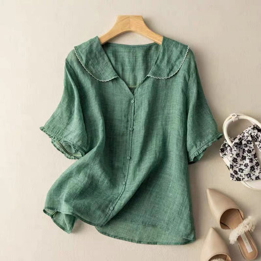 Ruffled Short Sleeve V Neck Blouse