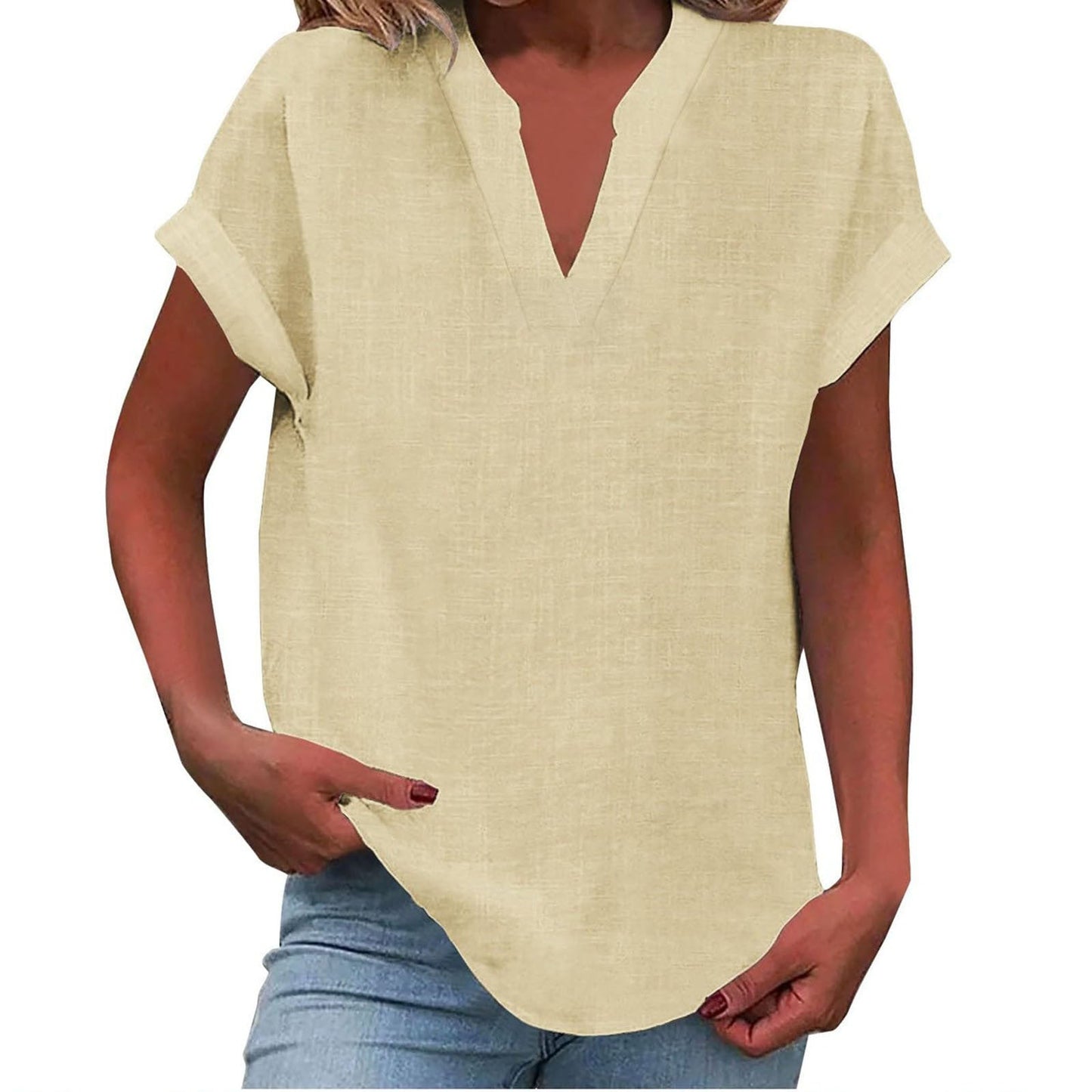 Curved Hem Textured Cap Sleeve V Neck Shirt