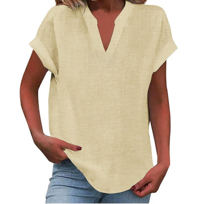 Curved Hem Textured Cap Sleeve V Neck Shirt