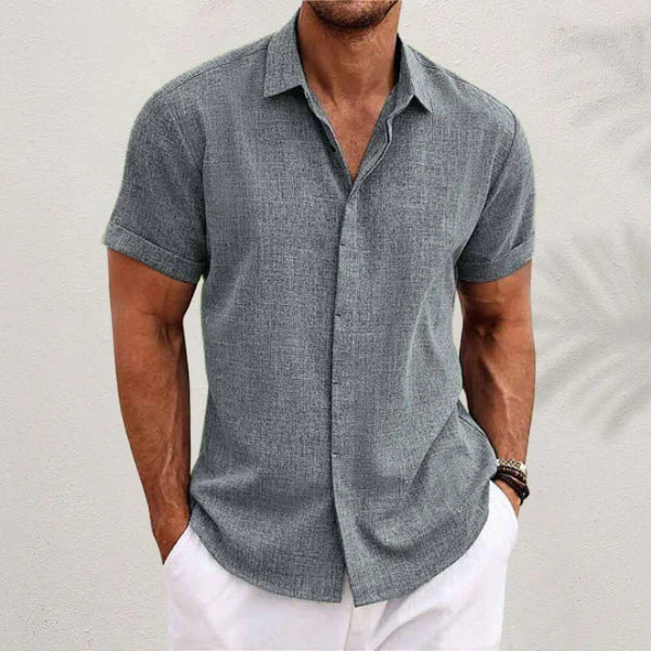 Textured Point Collar Short Sleeve Button Down Shirt