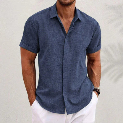 Textured Point Collar Short Sleeve Button Down Shirt