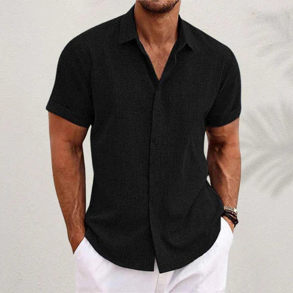 Textured Point Collar Short Sleeve Button Down Shirt