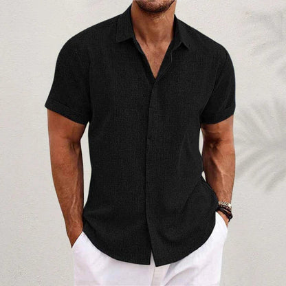 Textured Point Collar Short Sleeve Button Down Shirt