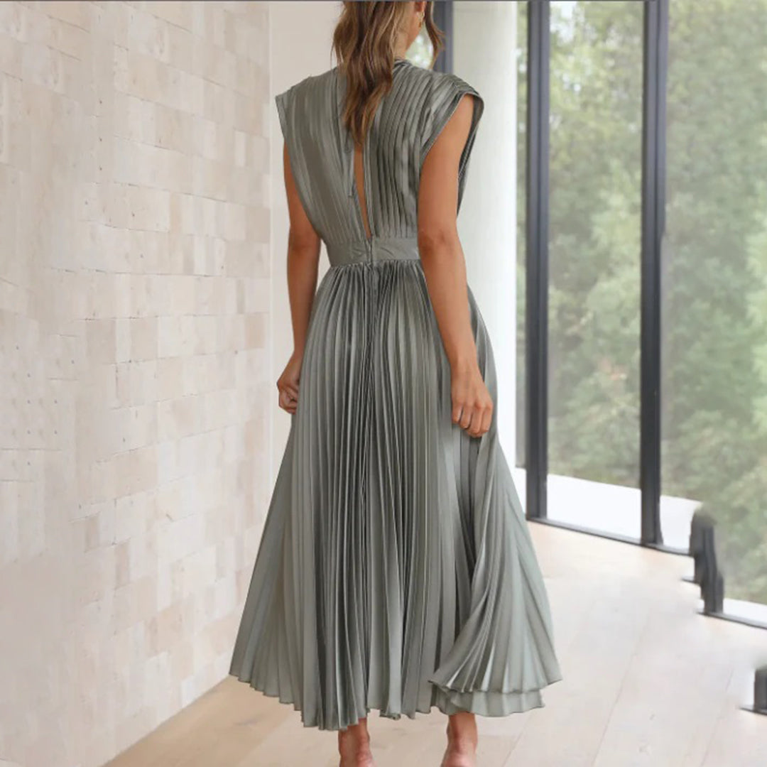 Draped Backless Sleeveless Cinched Pleated Midi Dress