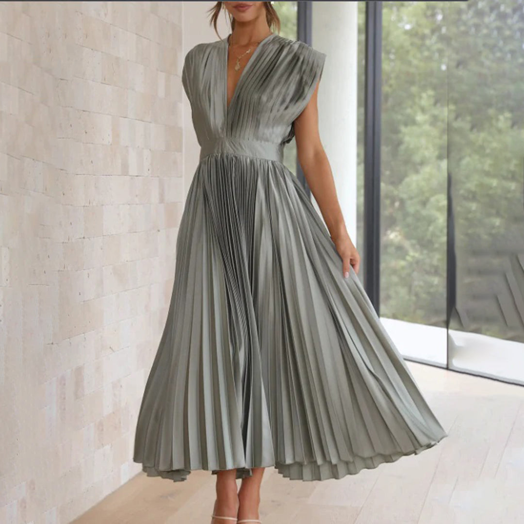 Draped Backless Sleeveless Cinched Pleated Midi Dress