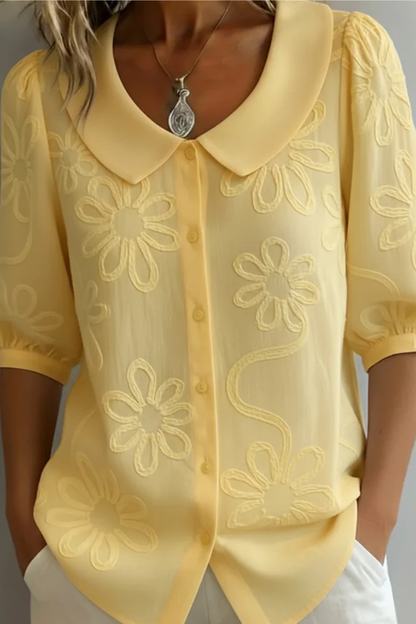 Button Front Short Puff Sleeve Blouse