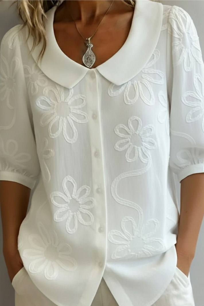 Button Front Short Puff Sleeve Blouse