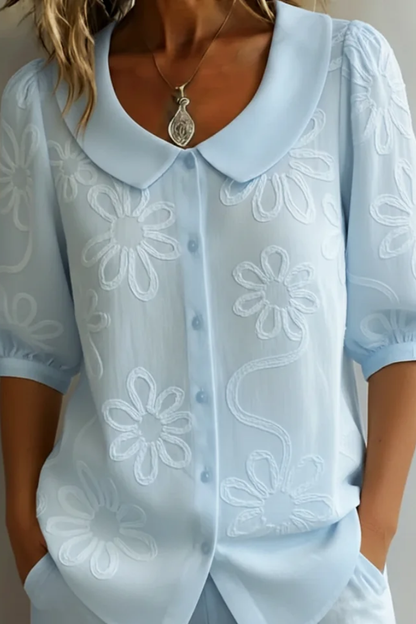Button Front Short Puff Sleeve Blouse
