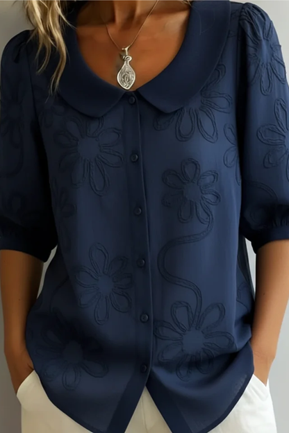 Button Front Short Puff Sleeve Blouse