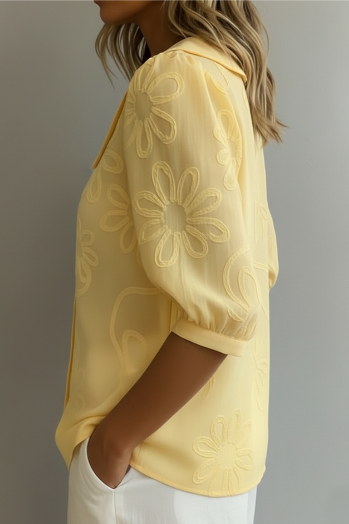 Button Front Short Puff Sleeve Blouse