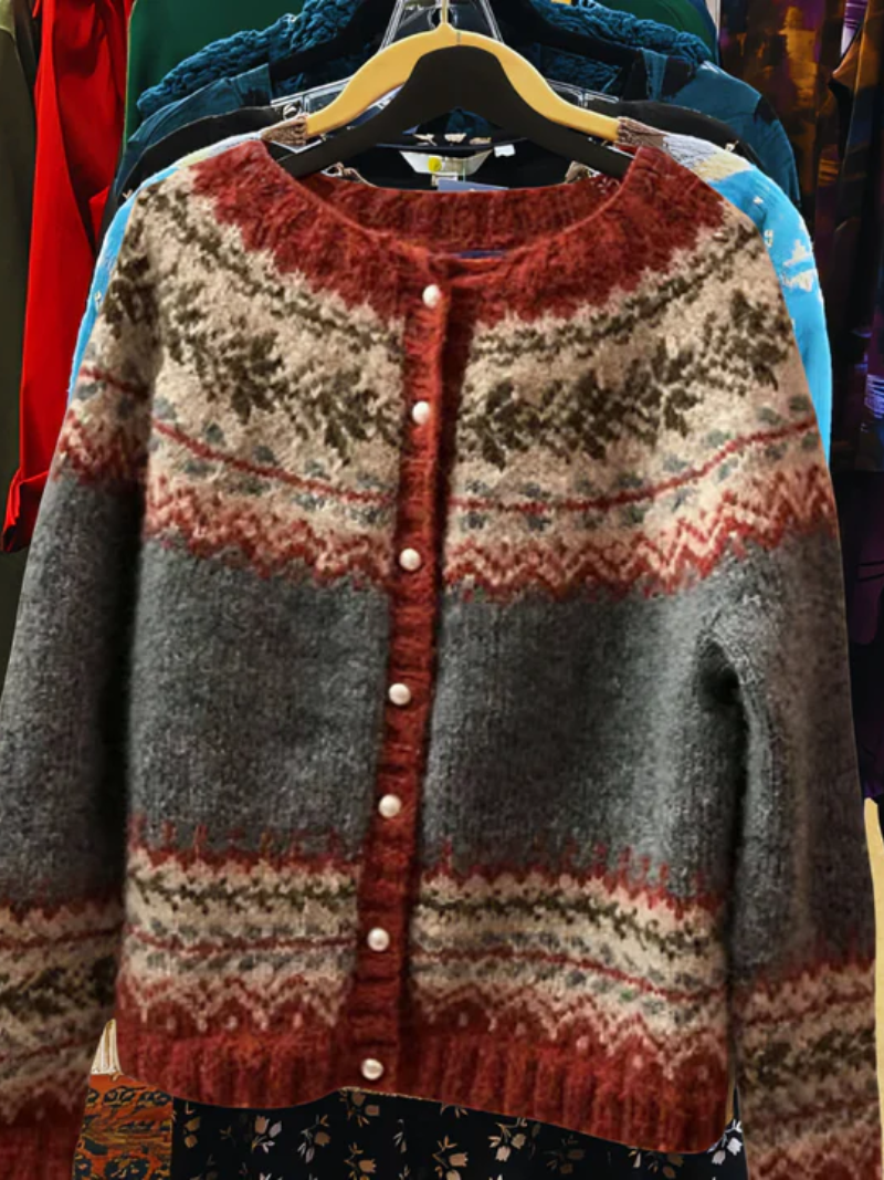 Women's Button Up Fair Isle Ribbed Cuff Cardigan