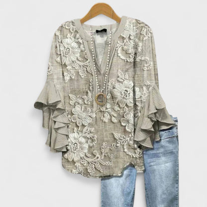 Tiered Sleeve V-Neck Blouse