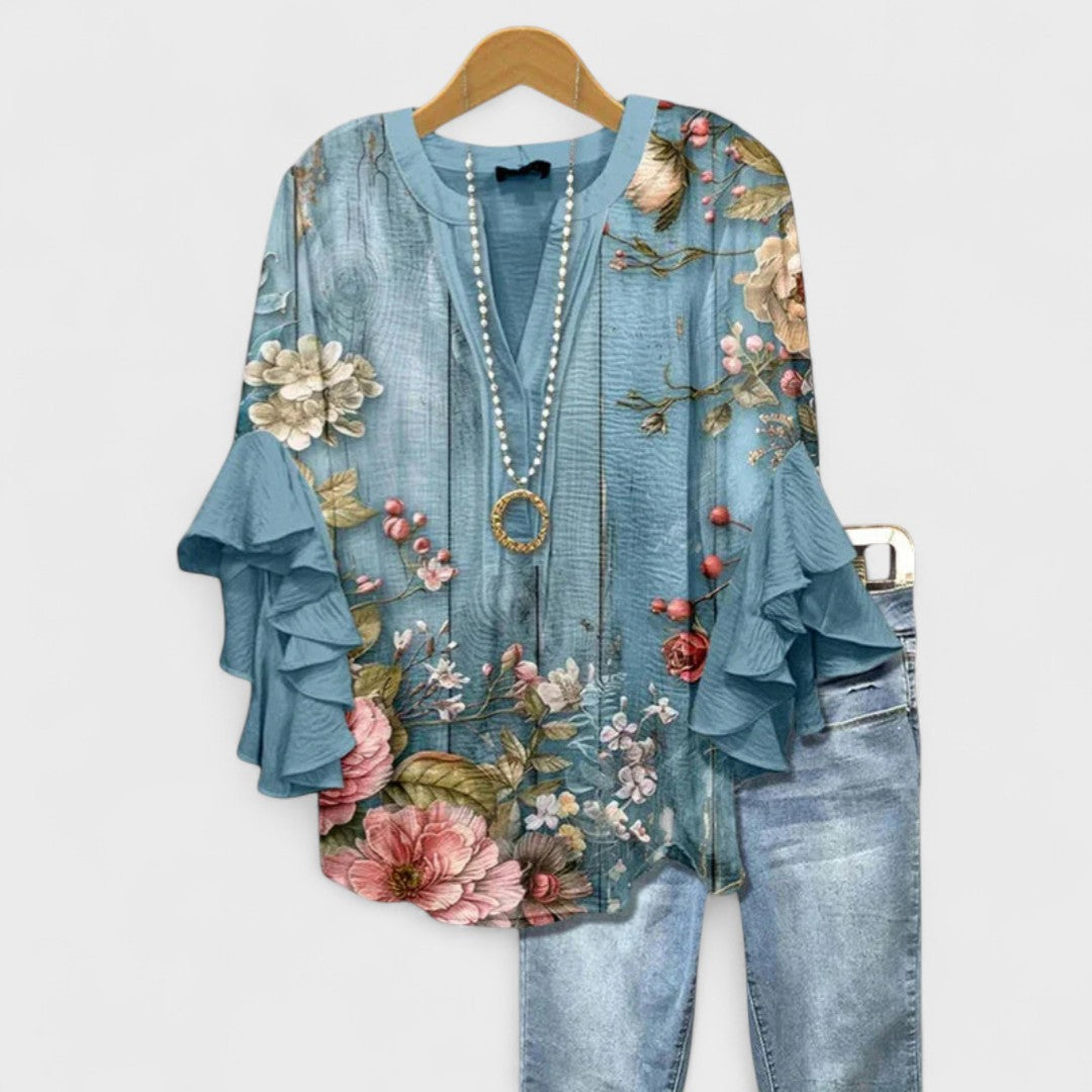 Tiered Sleeve V-Neck Blouse
