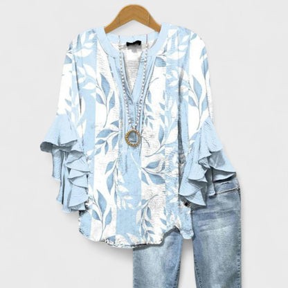 Tiered Sleeve V-Neck Blouse
